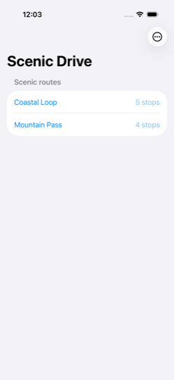 Scenic Drive iOS app &mdash; your saved scenic routes, one tap to send the whole route to the car