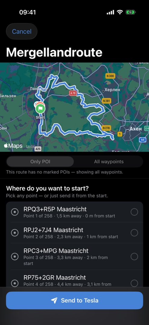 Scenic Drive on iPhone: Mergellandroute, 258 waypoints, one tap to the car